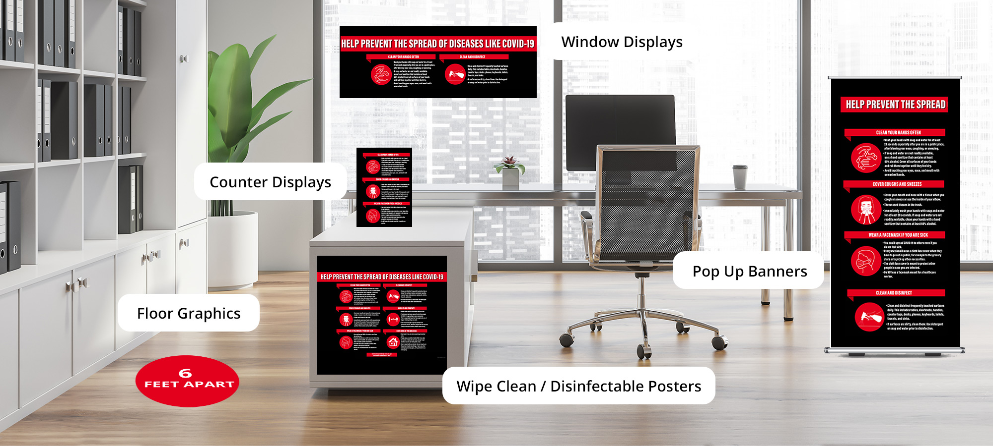 Emergency Signage Solutions durable posters, floor graphics, counter displays, window display and pop up banners syracse ny